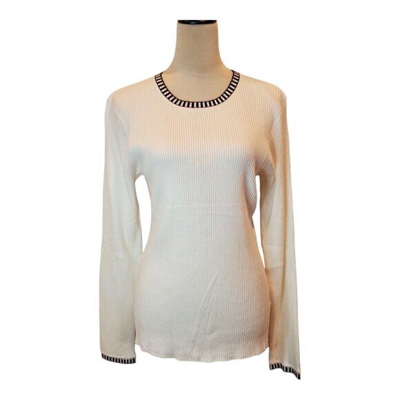 NWT MEROKEETY SZ XL Women's Ribbed Stretch Knit Scoop Neck Sweater White & Black - Picture 2 of 12